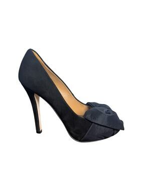 Badgley Mischka Sail Bow Peep Toe Heels Suede Satin Bows Size 6.5 Dust Bag & Box
